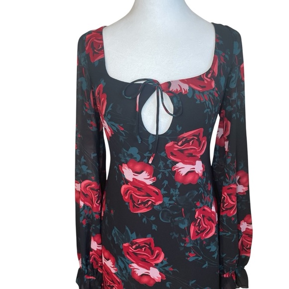 Princess Polly Bayford Long Sleeve Mini Dress Red Black Roses US Size 6 NWT - Picture 6 of 16